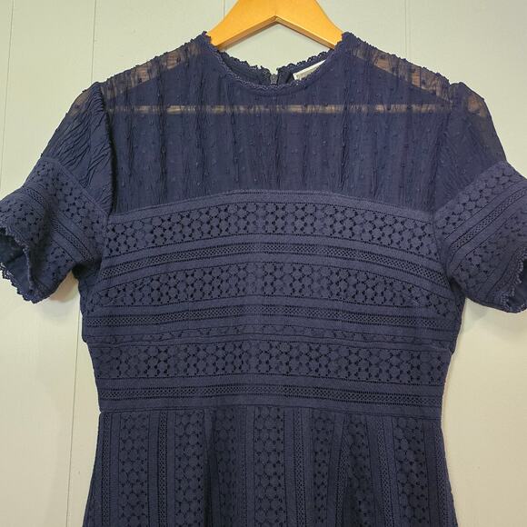 Chelsea28 Dress Lacy Sheath Midi Ruffle Hem Navy Blue Gauze Eyelet Size Large - Picture 2 of 10